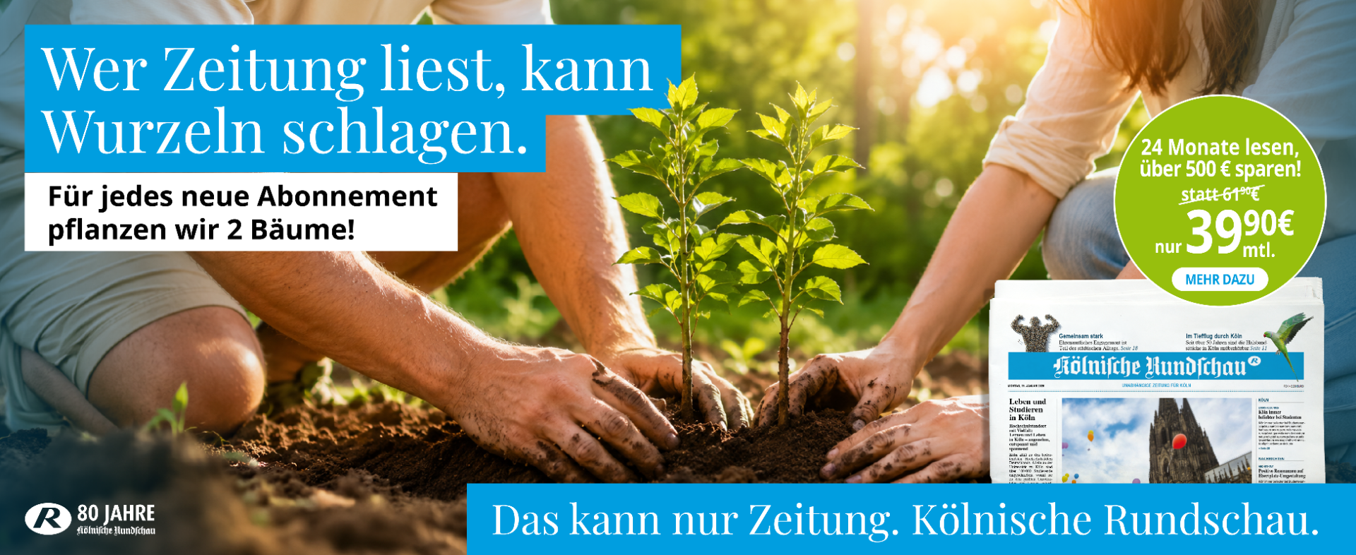 Gedruckte Zeitung für heute. Zwei Bäume für Morgen.